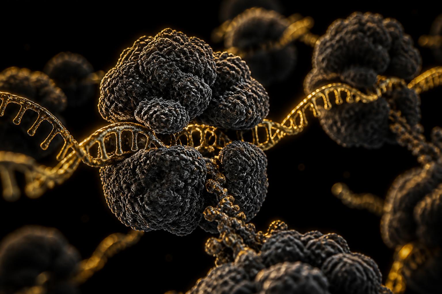 Dense field of ribosomes on a dark black background